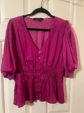 NWOT Marc New York Magenta V-Neck Button Front Peplum Puff Sleeve Blouse Size M